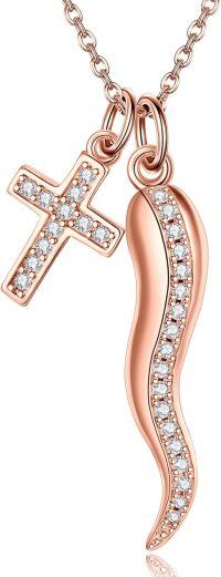 wholesale Rose Gold 925 Sterling Silver Cornicello Italian Horn & Cross Pendant Necklace with Cubic Zirconia Stones 24 Chain-Cross Horn Ross Gold