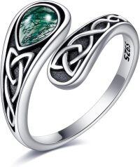 wholesale 925 Sterling Silver Moss Agate Turquoise Vintage Celtic Gothic Skull Butterfly Dragonfly Spoon Open Ring-Celtic Moss Agate Ring