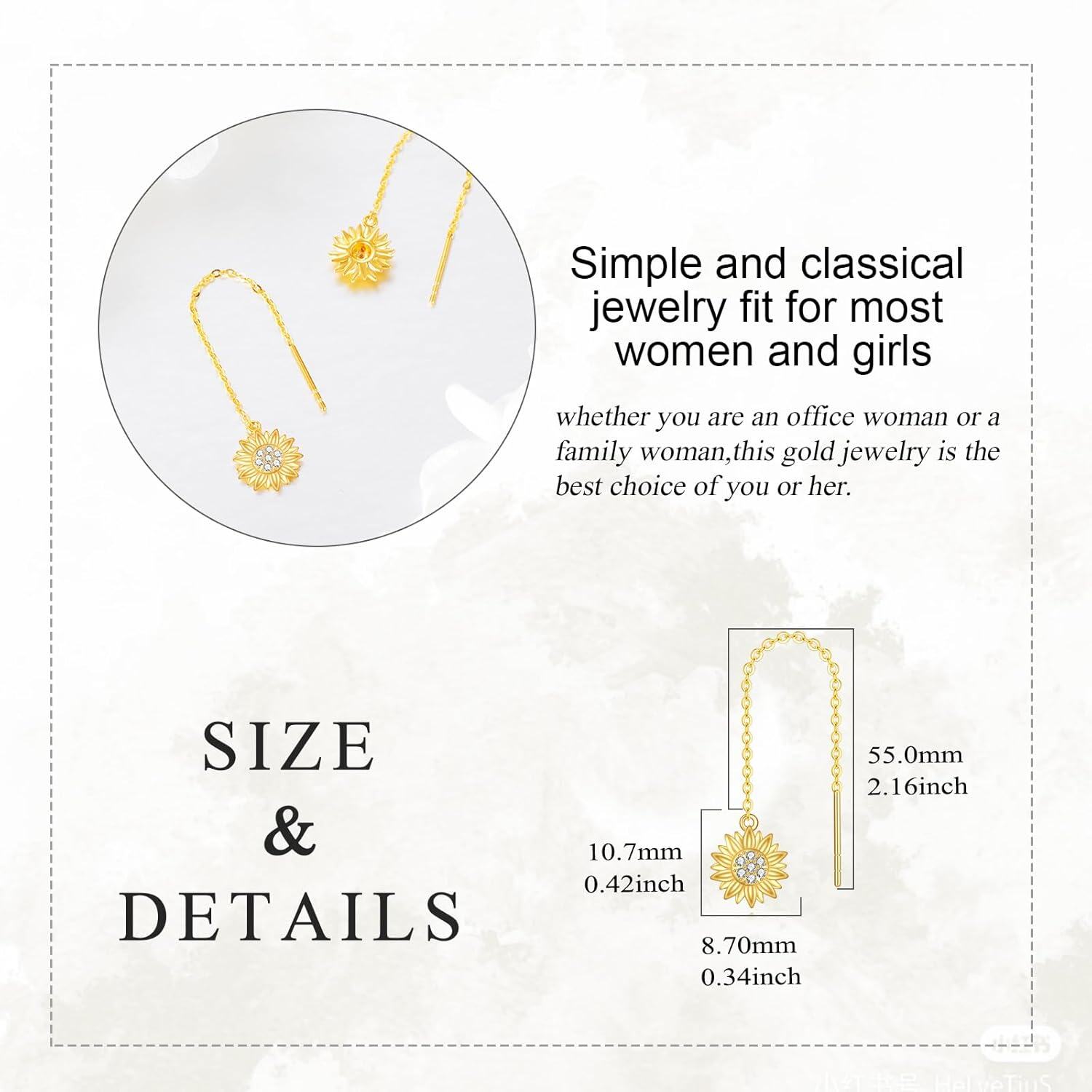 wholesale 14K Gold Sunflower Dangle Earrings with Gift Box, 10.7mm Sunflower Design, 55mm Chain, Adjustable for Daily Wear, Symbolic You Are My Sunshine Gift for Women-0-4