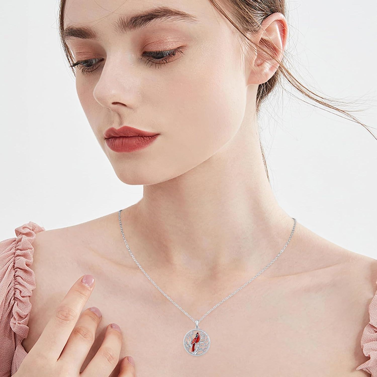 925 Sterling Silver Red Enamel Cardinal Tree of Life Pendant Necklace for Women Girls Gifts-0-3
