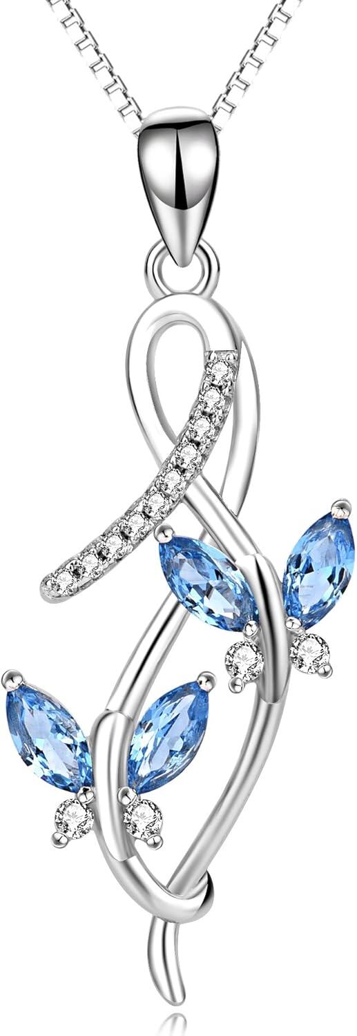Sterling Silver Austrian Crystal Infinity Butterfly Pendant Necklace-A-Aquamarine