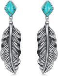 wholesale 925 Sterling Silver Genuine Turquoise Feather Dangle Drop Earrings - Vintage Bohemian Jewelry-0-0
