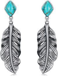 wholesale 925 Sterling Silver Genuine Turquoise Feather Dangle Drop Earrings - Vintage Bohemian Jewelry-A_Turquoise Stone