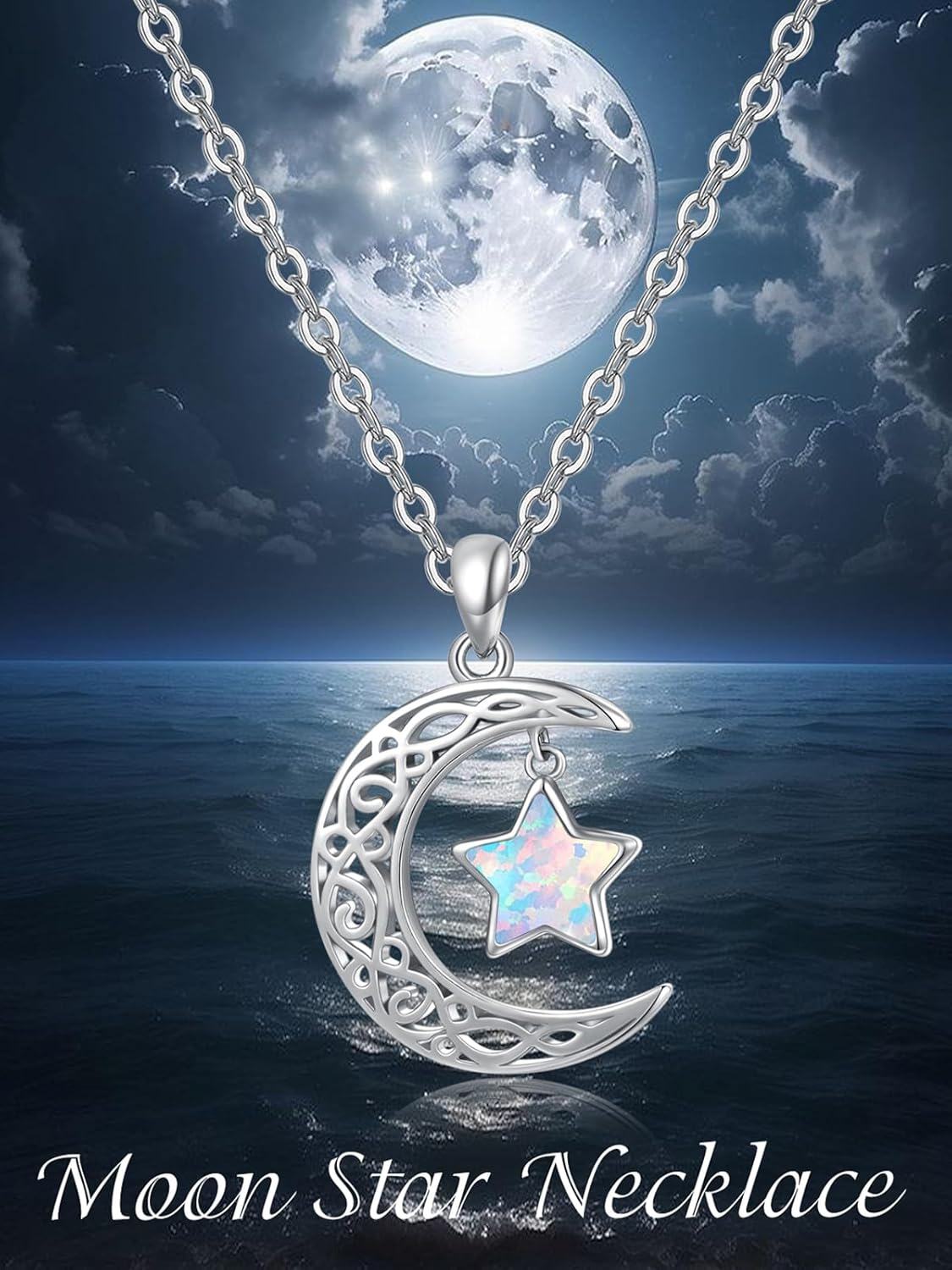 Sterling Silver Moon Star Necklace Celestial Pendant for Women-0-5
