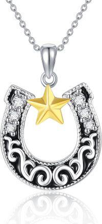 wholesale 925 Sterling Silver Gold Plated Lucky Horse Shoe with CZ and Yellow Star Charm Pendant Necklace for Women Girls  43cm Chain Length-Star