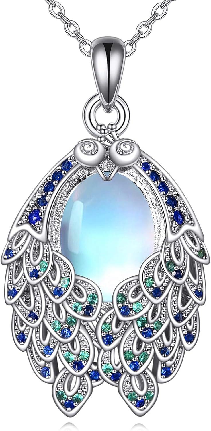 Sterling Silver Moonstone Turquoise Abalone Animal Necklace Cute Jewelry Gift-Peacock