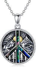 wholesale 925 Sterling Silver Round Pendant with Wolf and Pine Tree Design - Abalone Shell Inlay Peace Symbol Necklace-0-0