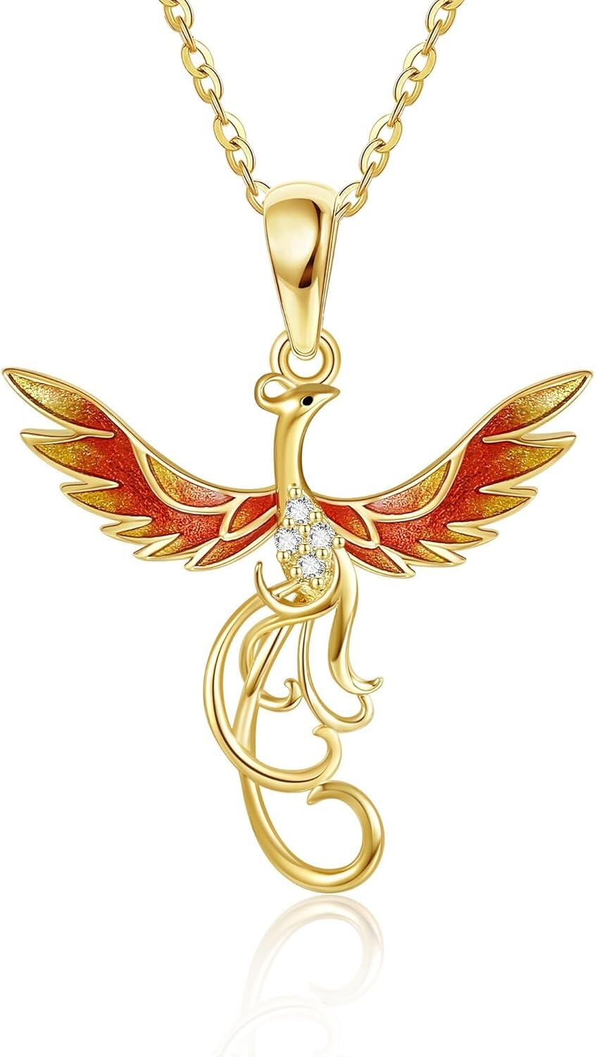 14K Gold Stone Phoenix Necklace Solid 14K Yellow Gold Nirvana Bird Jewelry Gift for Women-0-1
