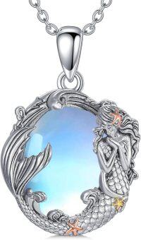 wholesale 925 Sterling Silver Moonstone Mermaid Pendant Necklaces for Women Sea Life Gifts-Moonstone