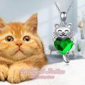wholesale 925 Sterling Silver Green Heart Crystal Cat Pendant Necklace for Women-0-3