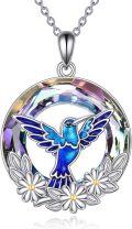 wholesale 925 Sterling Silver Blue Hummingbird Flower Pendant Necklace with Rainbow Crystals and Gold Accents-0-0