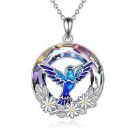 wholesale 925 Sterling Silver Blue Hummingbird Flower Pendant Necklace with Rainbow Crystals and Gold Accents-Hummingbird Necklace
