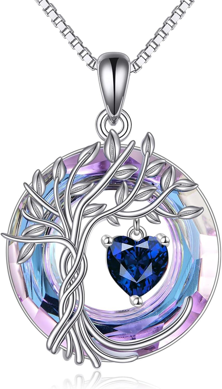Sterling Silver Crystal Tree of Life Necklace for Women-09-Sep-Sapphire