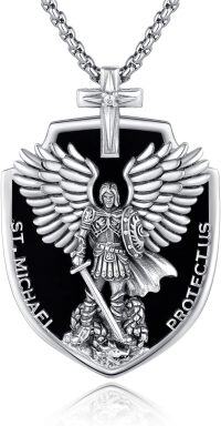 wholesale 925 Sterling Silver Obsidian Malachite Saint Michael Angel Pendant Shield Necklace for Men-St Michael Obisidan