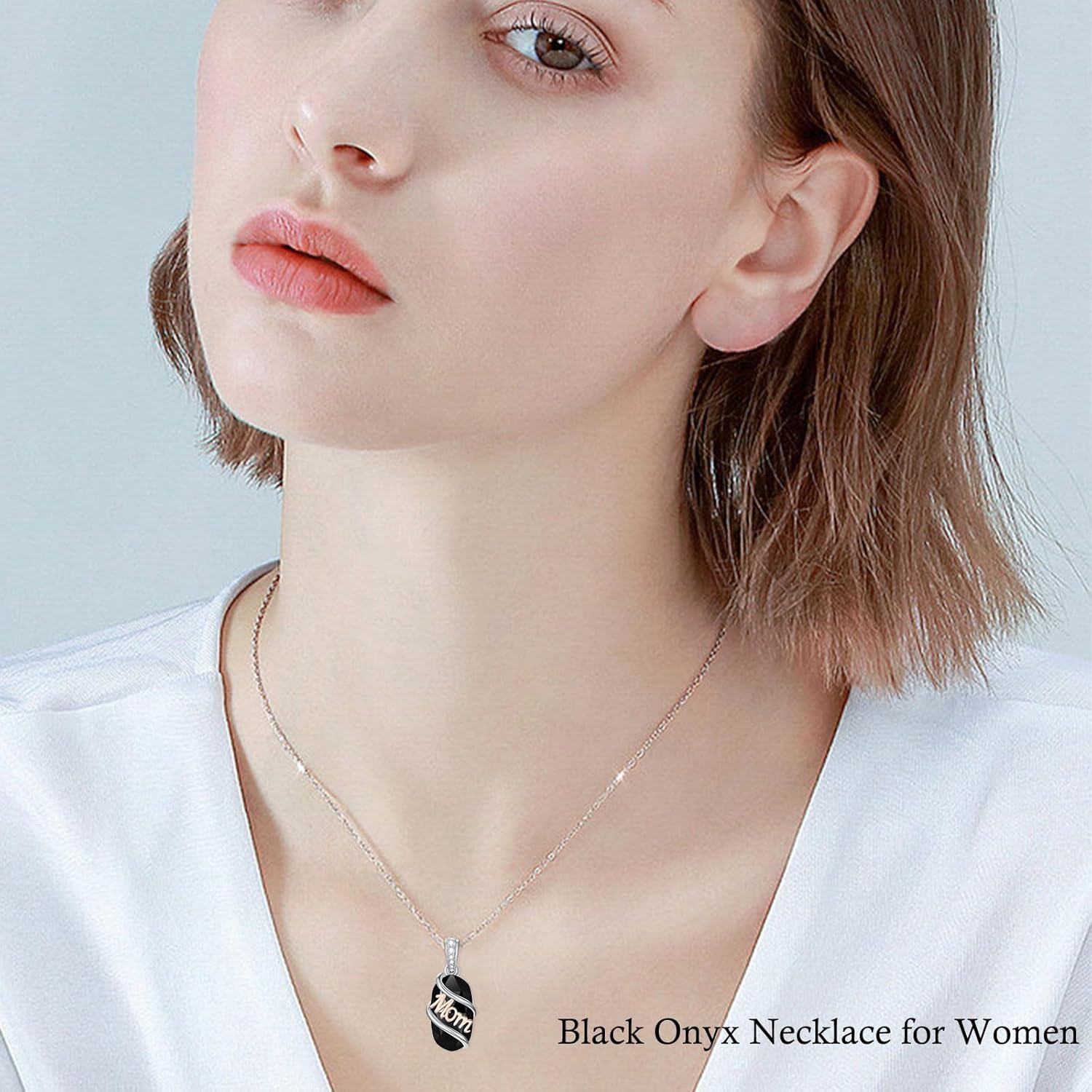 925 Sterling Silver Black Onyx Mom Pendant Necklace for Women's Gifts-0-1