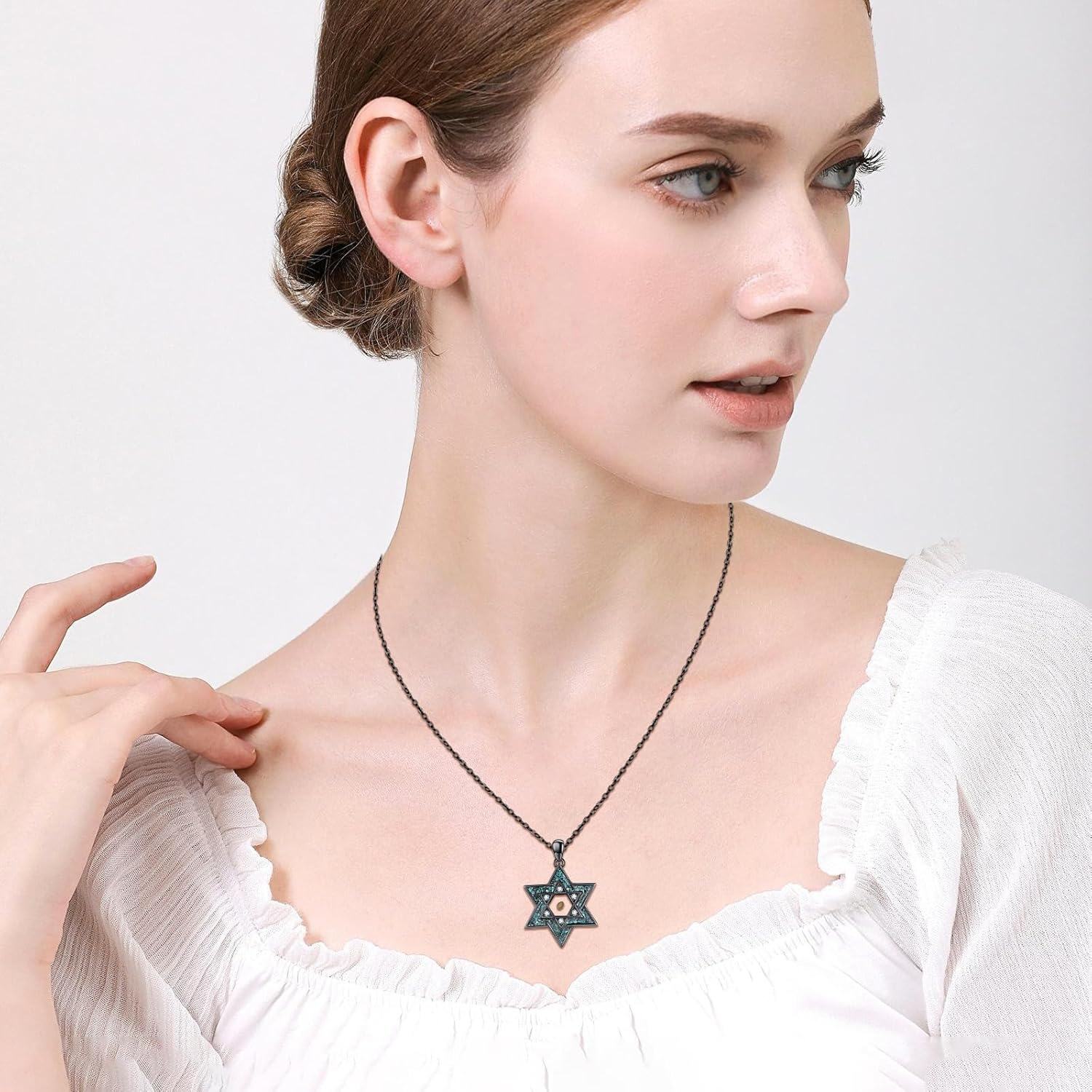 Sterling Silver Black Turquoise Star of David Pendant Necklace Jewish Jewelry Gifts for Women-0-5