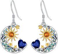 wholesale 925 Sterling Silver Heart Birthstone Sun Moon Dangle Drop Earrings for Women Mom-Sapphire Sept.