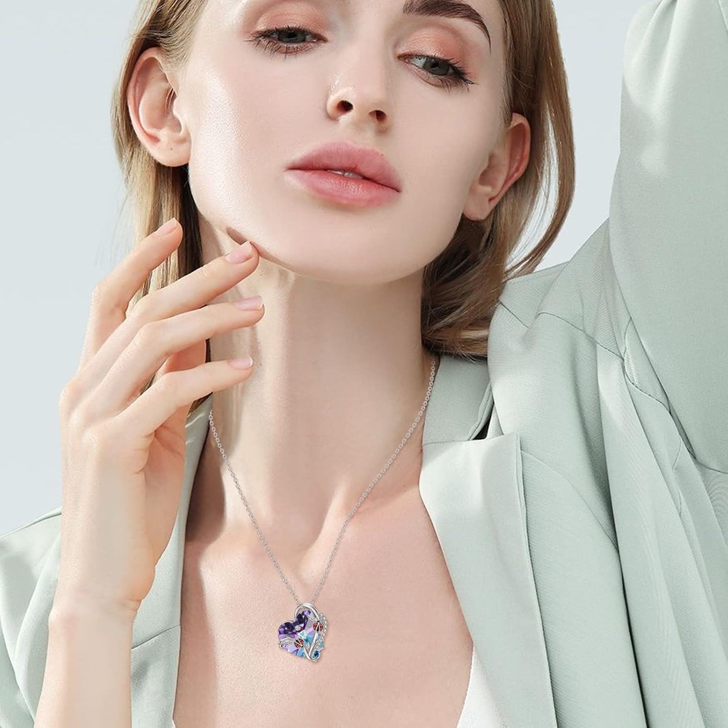 Sterling Silver Heart Crystal Necklace with Butterfly Dragonfly Bee Ladybug Spider Glowworm Jewelry for Women-0-3