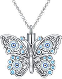 wholesale 925 Sterling Silver Evil Eye Butterfly Cremation Keepsake Urn Necklace with Blue Crystals and Chain 24 Length-Butterfly Evil Eye