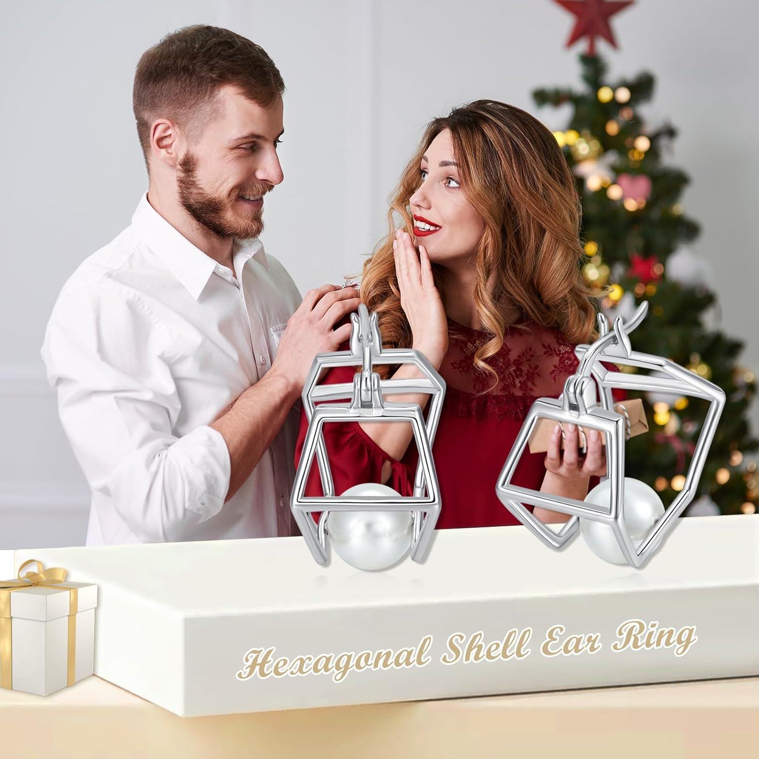 Sterling Silver Hexagon Pearl Hoop Earrings for Women Girls-0-5