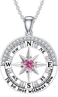 wholesale Sterling Silver Compass Birthstone Necklace  I d Be Lost Without You Pendant Jewelry for Women-Pink