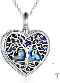 wholesale 925 Sterling Silver Heart-Shaped Abalone Shell Tree of Life Cremation Jewelry Urn Pendant Necklace with Chain and Funnel Set-Abalone shell heart urn necklace