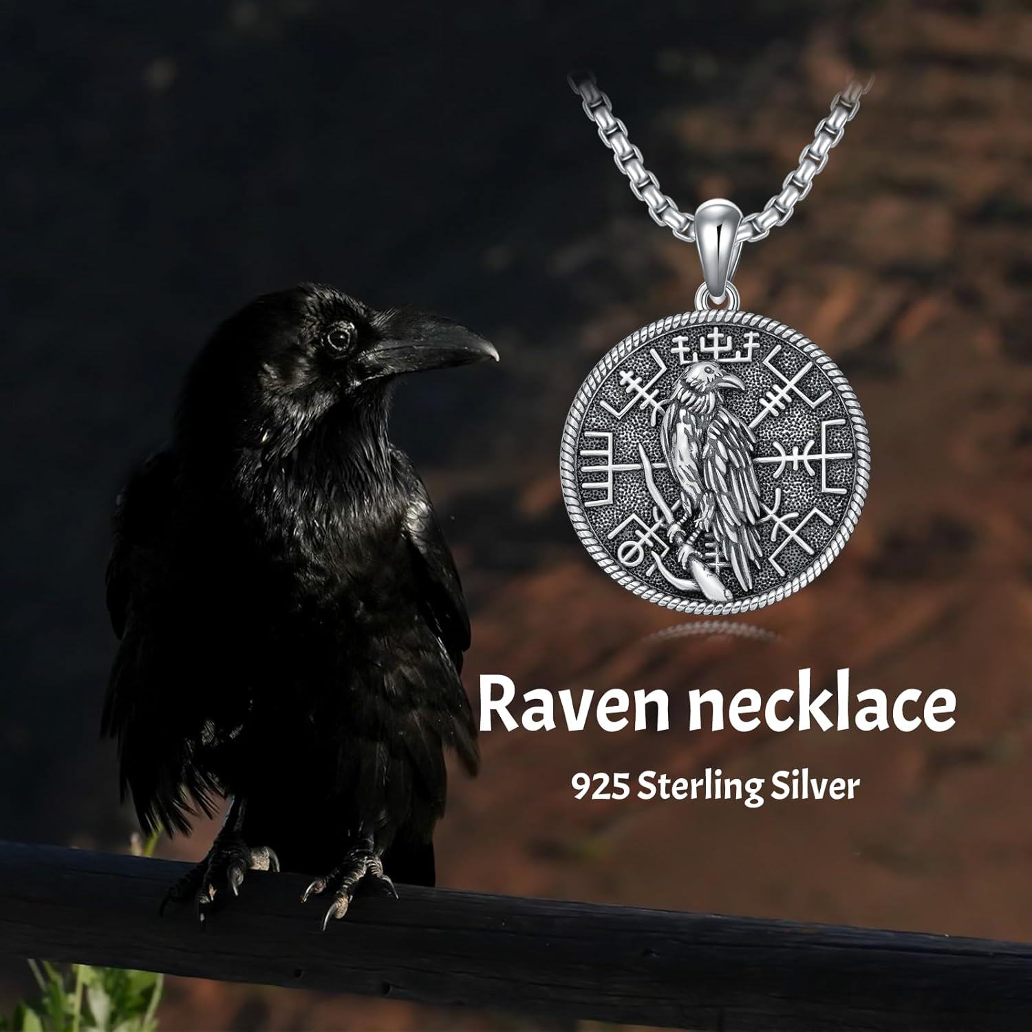 wholesale 925 Sterling Silver Raven Bird Round Medallion Pendant Necklace with Chain for Women and Men Gifts-0-2