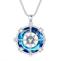 wholesale 925 Sterling Silver Blue Opal Compass Necklace w/ Rose Flower & Sun/Moon-Star Pendants - Crystals Gemstone s for Her-Blue Crystal