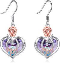 wholesale  Sterling Silver Crystal Mom Earrings Rose Flower Love Heart Dangle Drop Hook -02 Feb-Mom Earrings with Heart Crystal
