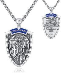 wholesale 925 Sterling Silver Saint Michael Shield Pendant with Blue Enamel and Cross Charm Necklace for Men & Women-A04-St Michael Shield-A04-St Michael Shield