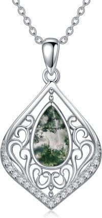 wholesale 925 Sterling Silver Filigree Moss Agate Teardrop Bohemian Pendant Necklace Anniversary Birthday Christmas Gifts for Women Her-Moss Agate