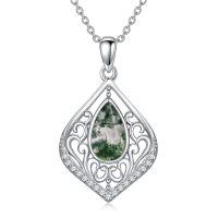 wholesale 925 Sterling Silver Filigree Moss Agate Teardrop Bohemian Pendant Necklace Anniversary Birthday Christmas Gifts for Women Her-Moss Agate