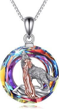 wholesale 925 Sterling Silver Rainbow Crystal Wolf Pendant Necklace for Women-Wolf and women necklace