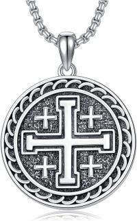 wholesale 925 Sterling Silver Jerusalem Cross Round Pendant Necklace  for Men & Women - Protection Amulet Religious Jewelry with 24 Rolo Chain (Gift Included)-K-Jerusalem Cross