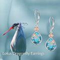 wholesale 925 Sterling Silver Teardrop Lotus Flower Dragonfly Drop Earrings w/ Turquoise & Rose Gold Accents-0-1
