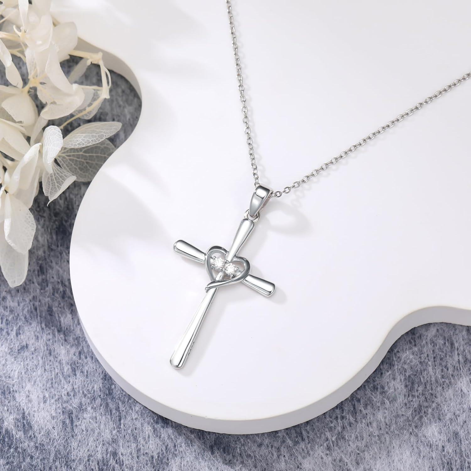 Sterling Silver Lab Grown Diamond Cross Necklace for Women-0-3