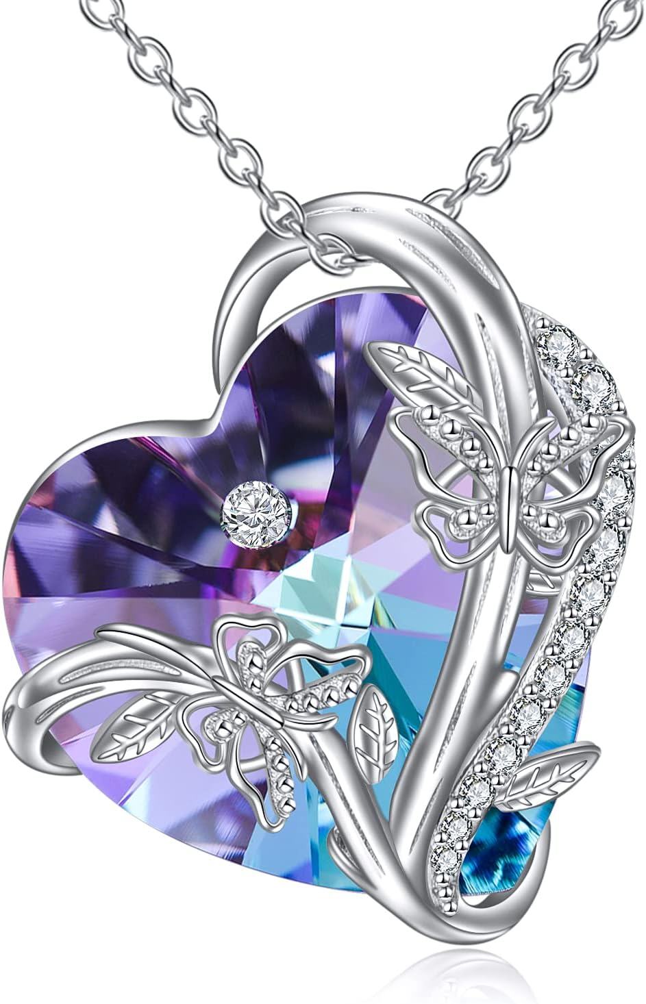 Sterling Silver Heart Crystal Necklace with Butterfly Dragonfly Bee Ladybug Spider Glowworm Jewelry for Women-A-Butterfly