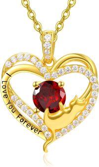 wholesale Sterling Silver Birthstone Cat Projection Heart Pendant Necklace-Gold-01 Jan - Garnet