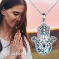 wholesale 925 Sterling Silver Abalone Shell Hamsa Hand with Blue Evil Eye and Lotus Flower Pendant Necklaces Lucky Charm s for Women Girls-0-2