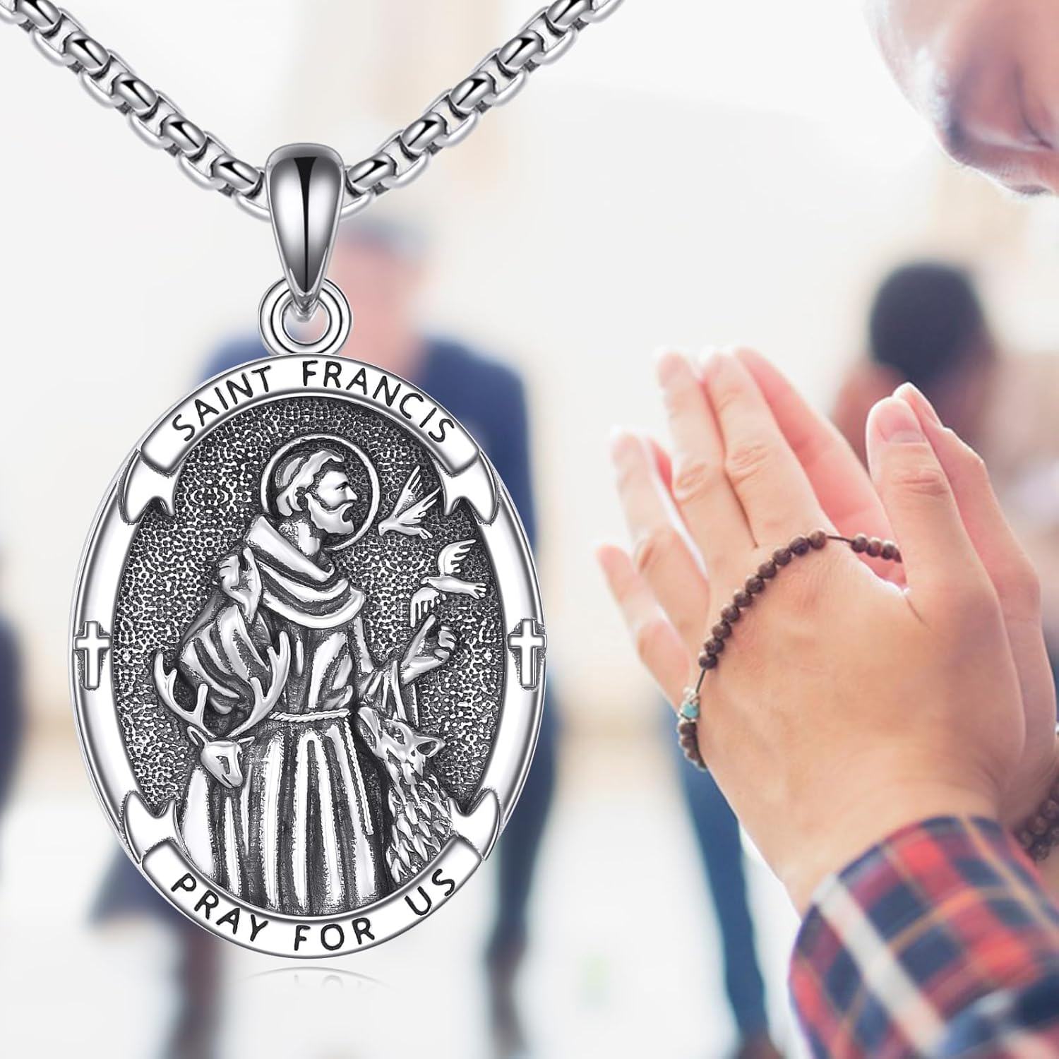 wholesale 925 Sterling Silver St Francis Medal Prayer Pendant Necklace for Men & Women-0-3