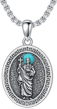 wholesale 925 Sterling Silver Turquoise St. Medal Pendant Necklace  for Men & Women Religious Jewelry-16-Turquoise San Judas Necklace