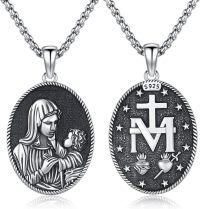 wholesale 925 Sterling Silver Oval Saint Christopher Jesus Virgin Mary Angel Pendant Necklace  Religious Medal Amulet  for Women Men Boys Girls Kids-D-Virgin Mary