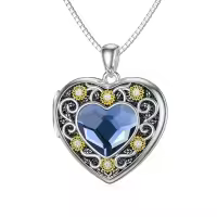 TOUPOP Sterling Silver Blue Crystal Sunflower Photo Locket Necklace-undefined