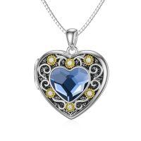 TOUPOP Sterling Silver Blue Crystal Sunflower Photo Locket Necklace-undefined