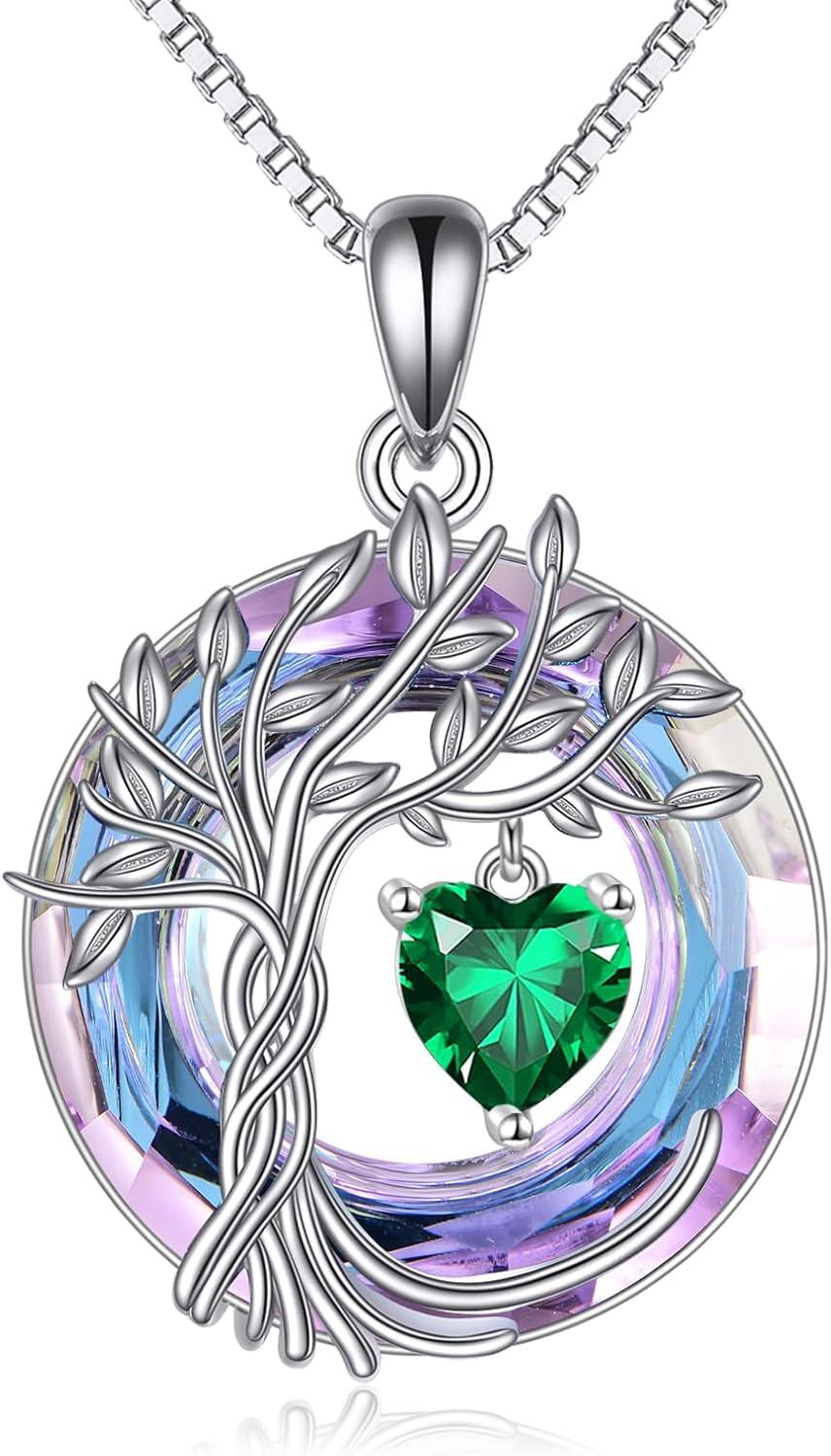 Sterling Silver Crystal Tree of Life Necklace for Women-05-May-Emerald