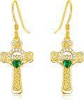wholesale 925 Sterling Silver Emerald Green Stone Claddagh Cross Drop Earrings-0-0