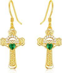 wholesale 925 Sterling Silver Emerald Green Stone Claddagh Cross Drop Earrings-Gold