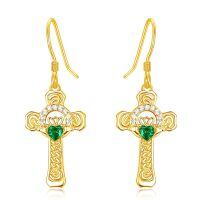 wholesale 925 Sterling Silver Emerald Green Stone Claddagh Cross Drop Earrings-Gold