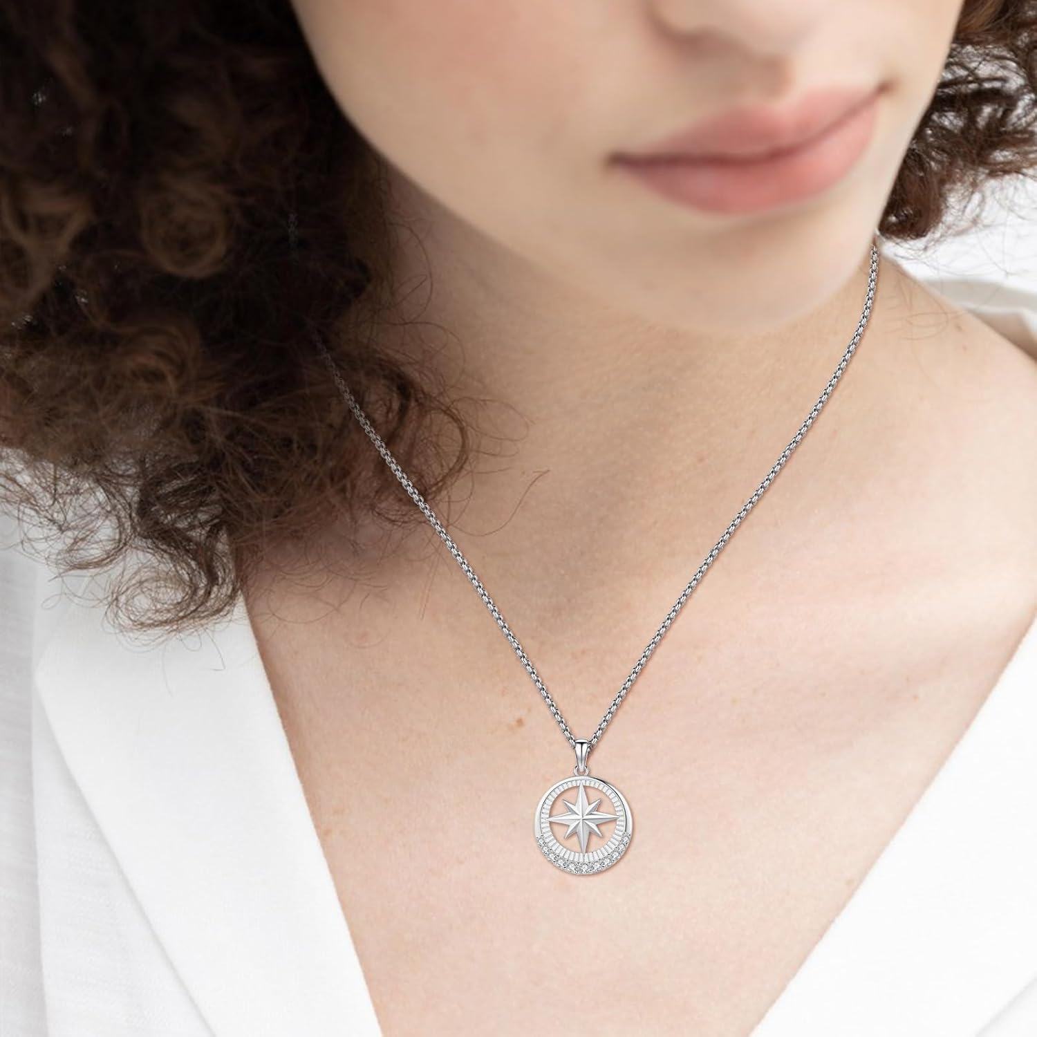 wholesale 925 Sterling Silver Stainless Steel Compass Star Pendant Necklace with Cubic Zirconia Accents-0-4