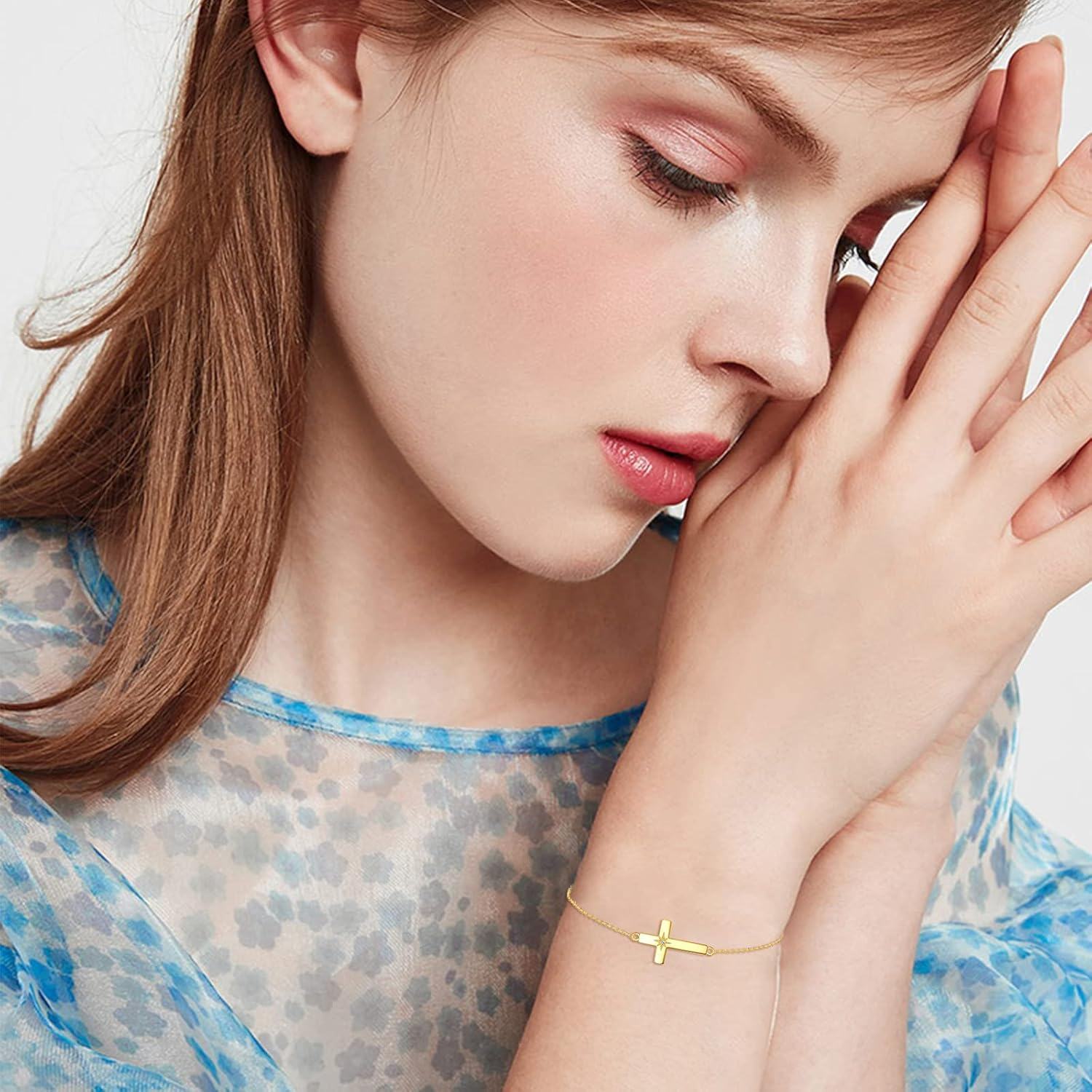 wholesale 14K Gold Sideways Cross CZ Star Charm Chain Link Bracelet for Women Adjustable Religious s-0-4